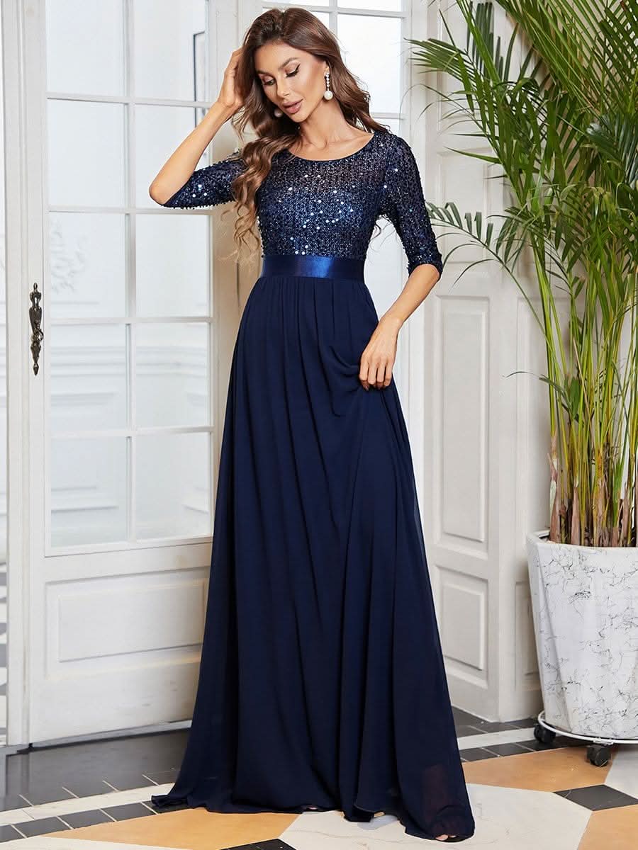 Größe Nach Maß Elegantes Rundhalsausschnitt 3/4 Aermel Pailletten Patchwork Abendkleid 00683