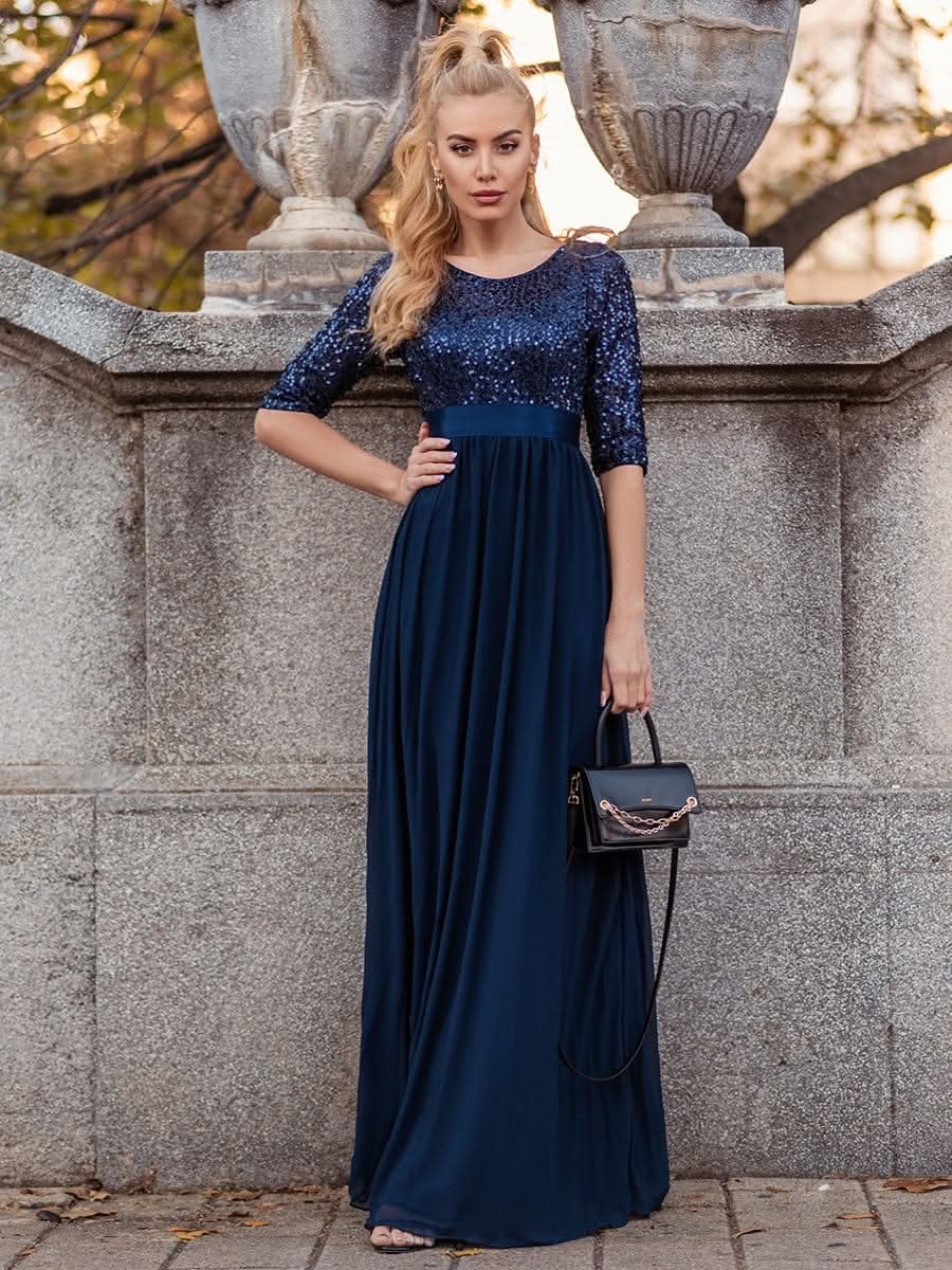 Größe Nach Maß Elegantes Rundhalsausschnitt 3/4 Aermel Pailletten Patchwork Abendkleid 00683