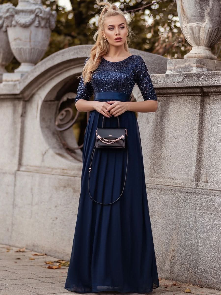 Größe Nach Maß Elegantes Rundhalsausschnitt 3/4 Aermel Pailletten Patchwork Abendkleid 00683
