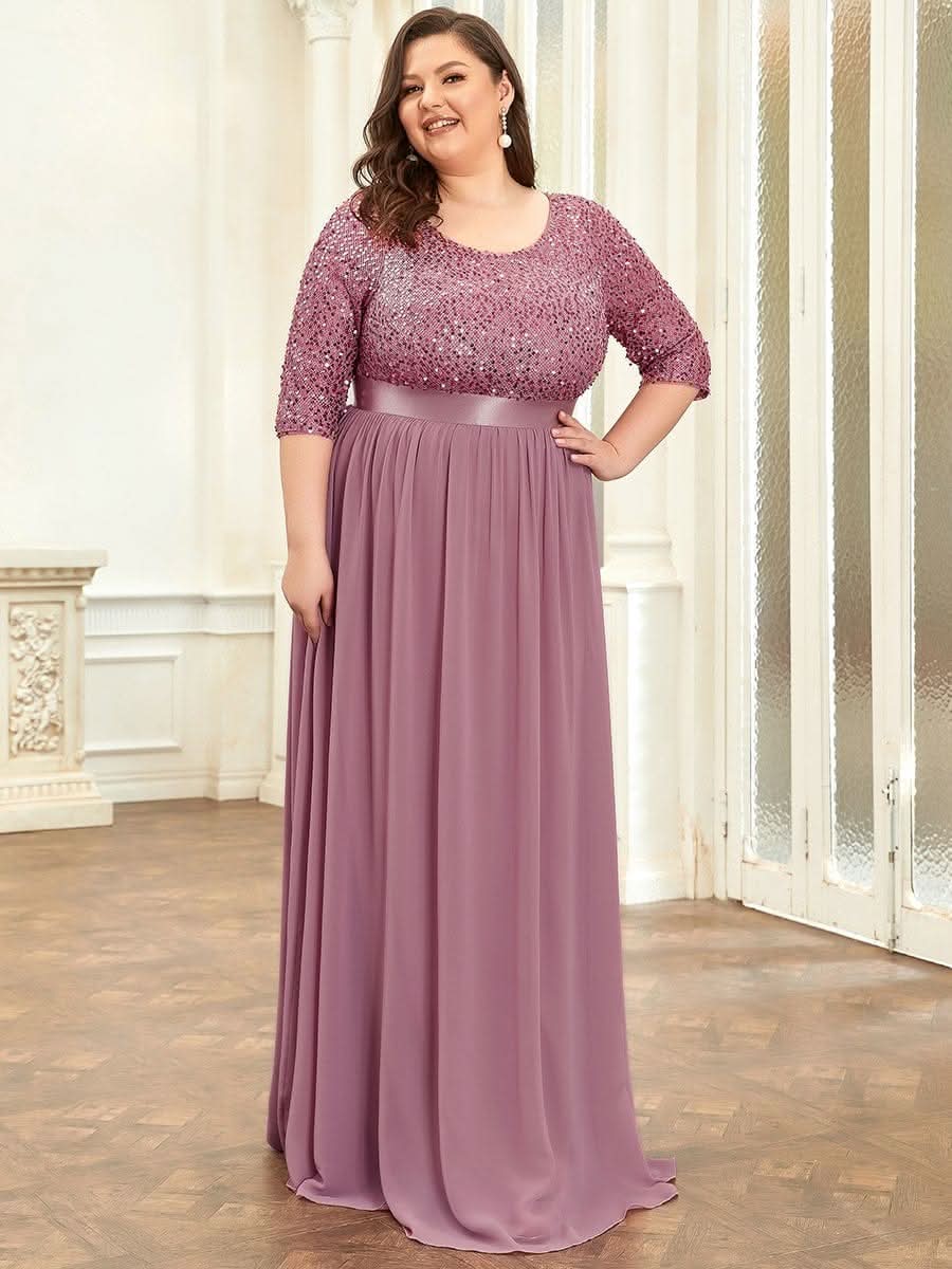 Größe Nach Maß Elegantes Rundhalsausschnitt 3/4 Aermel Pailletten Patchwork Abendkleid 00683