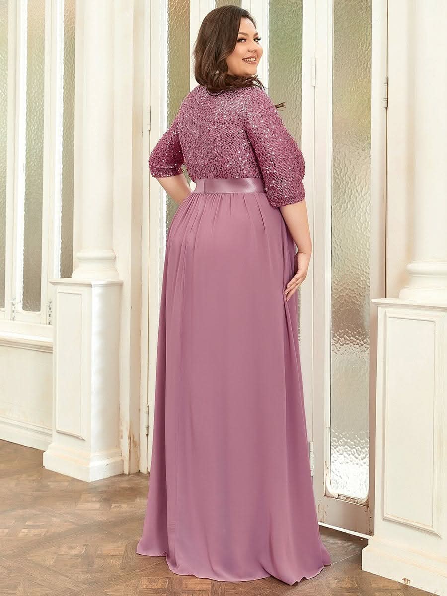 Größe Nach Maß Elegantes Rundhalsausschnitt 3/4 Aermel Pailletten Patchwork Abendkleid 00683
