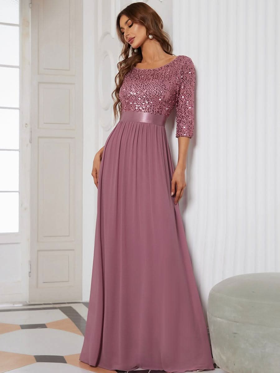 Größe Nach Maß Elegantes Rundhalsausschnitt 3/4 Aermel Pailletten Patchwork Abendkleid 00683