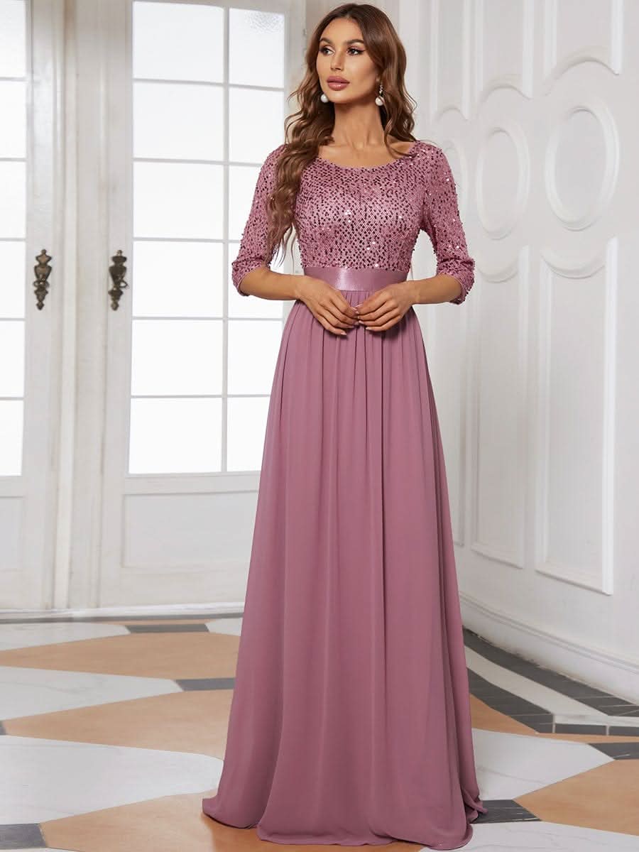 Größe Nach Maß Elegantes Rundhalsausschnitt 3/4 Aermel Pailletten Patchwork Abendkleid 00683