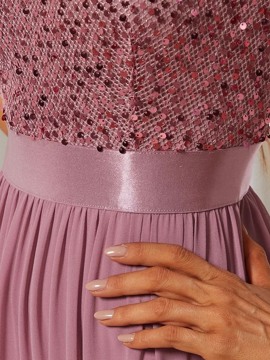 Größe Nach Maß Elegantes Rundhalsausschnitt 3/4 Aermel Pailletten Patchwork Abendkleid 00683