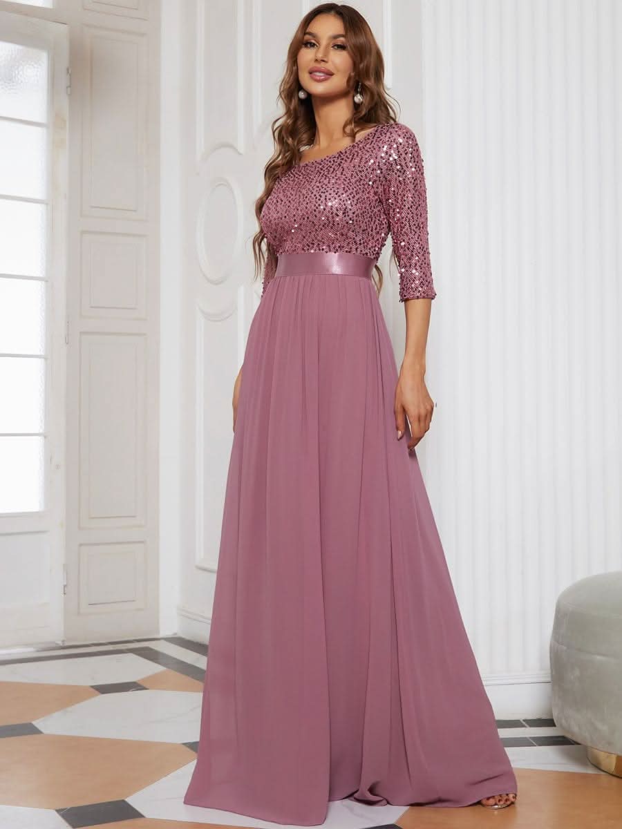 Größe Nach Maß Elegantes Rundhalsausschnitt 3/4 Aermel Pailletten Patchwork Abendkleid 00683