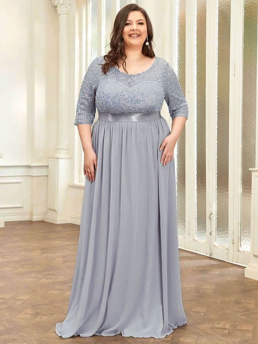 Größe Nach Maß Elegantes Rundhalsausschnitt 3/4 Aermel Pailletten Patchwork Abendkleid 00683