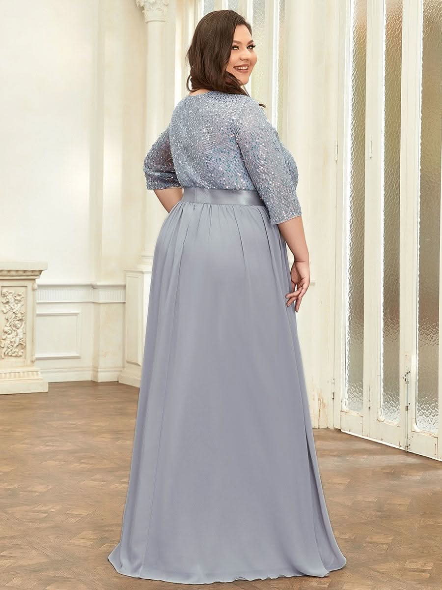 Größe Nach Maß Elegantes Rundhalsausschnitt 3/4 Aermel Pailletten Patchwork Abendkleid 00683