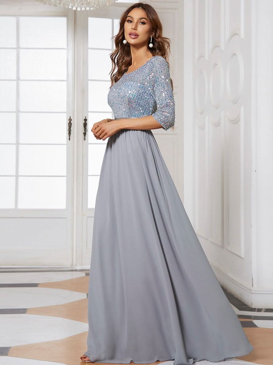 Größe Nach Maß Elegantes Rundhalsausschnitt 3/4 Aermel Pailletten Patchwork Abendkleid 00683