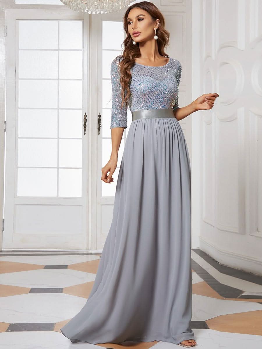 Größe Nach Maß Elegantes Rundhalsausschnitt 3/4 Aermel Pailletten Patchwork Abendkleid 00683