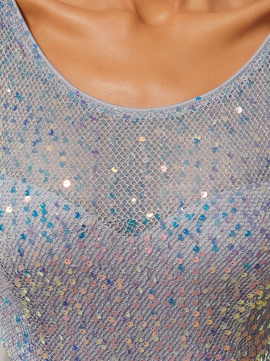 Größe Nach Maß Elegantes Rundhalsausschnitt 3/4 Aermel Pailletten Patchwork Abendkleid 00683