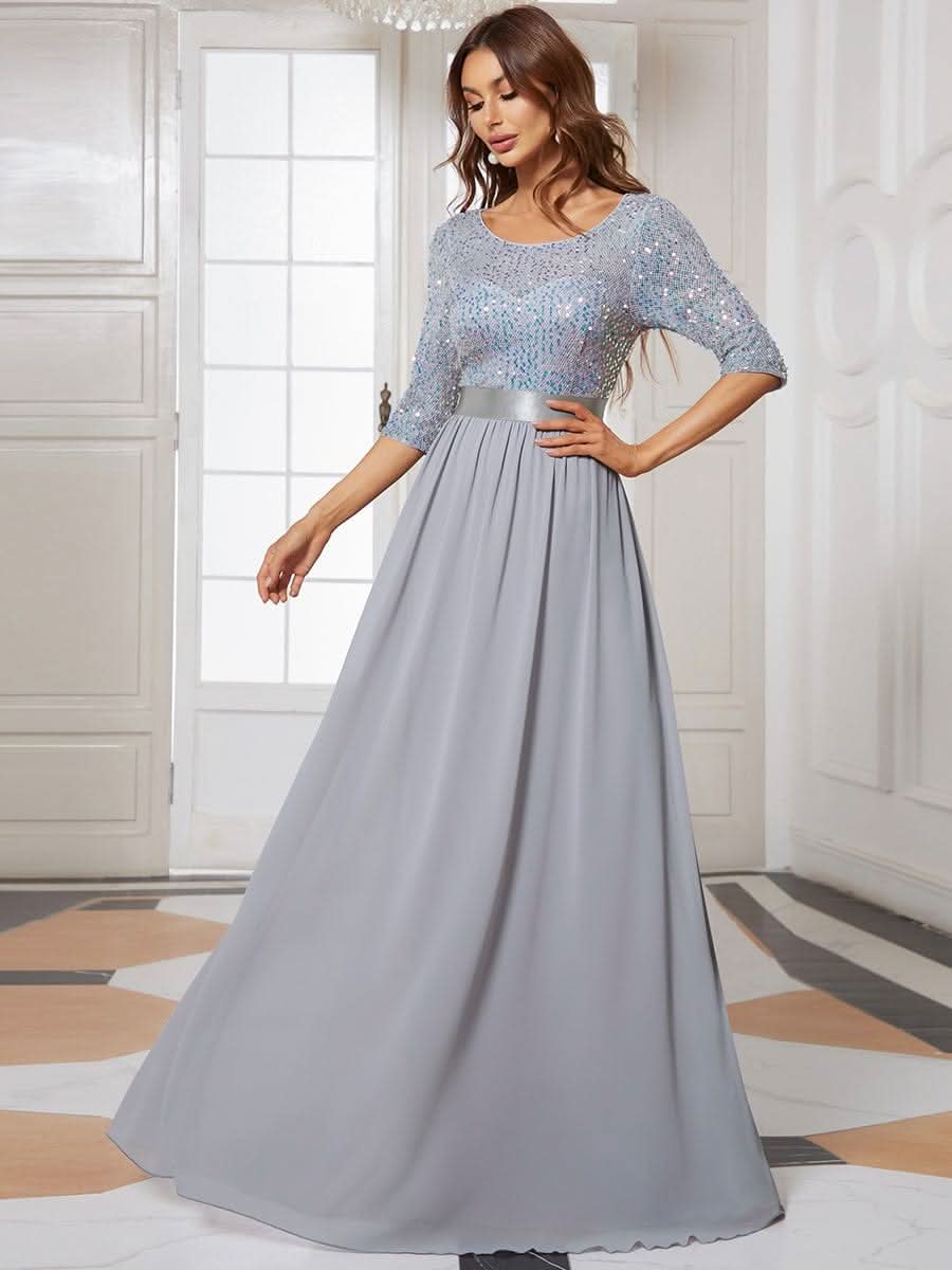 Größe Nach Maß Elegantes Rundhalsausschnitt 3/4 Aermel Pailletten Patchwork Abendkleid 00683