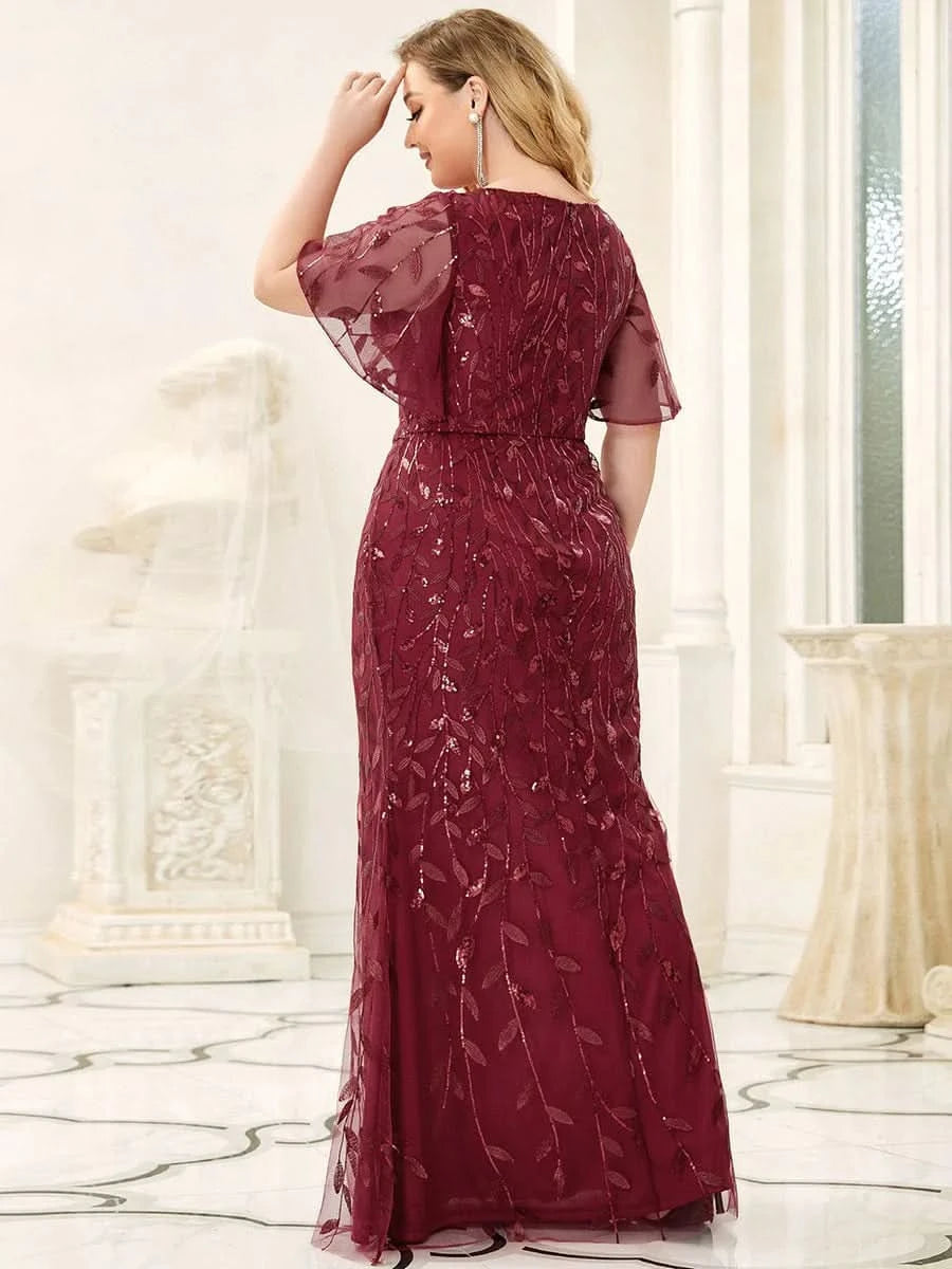 Color=Burgundy | Frauen V-Ausschnitt Funkelnde Stickerei Meerjungfrau Abend Partykleid 00692-Burgundy 7