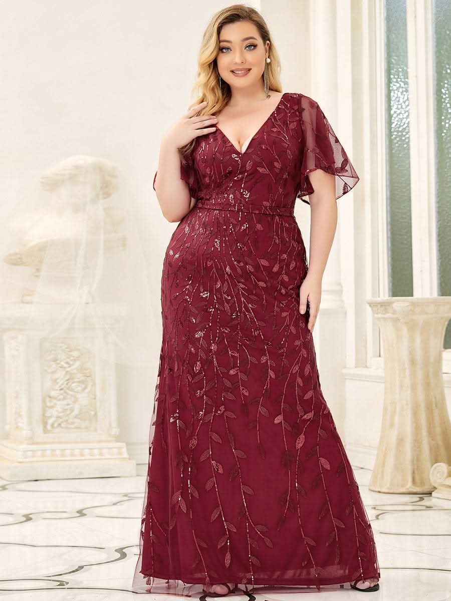 Color=Burgundy | Plus Size Frauen V-Ausschnitt Funkelnde Stickerei Meerjungfrau Abend Partykleid 00692-Burgundy 4 Color=Burgundy | Plus Size Frauen V-Ausschnitt Funkelnde Stickerei Meerjungfrau Abend Partykleid 00692-Burgundy 4