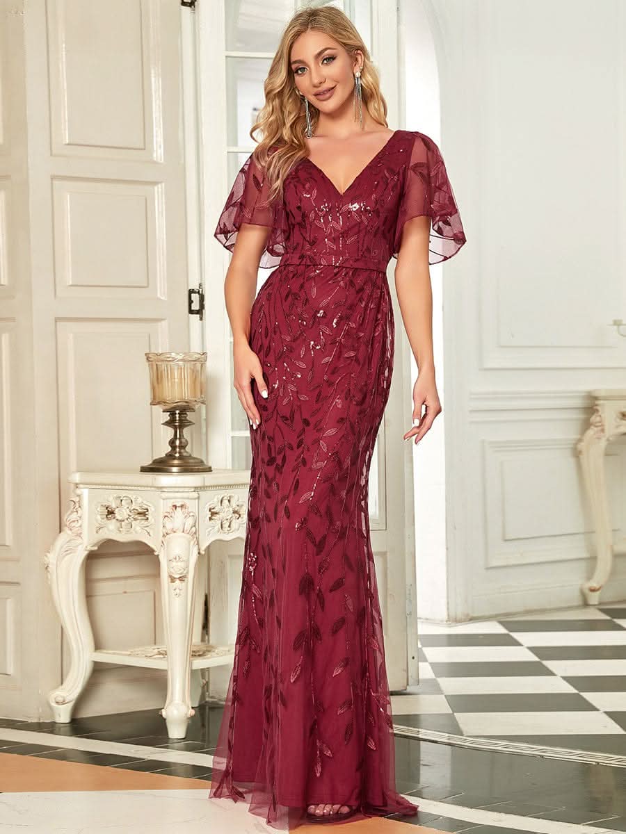 Color=Burgundy | Frauen V-Ausschnitt Funkelnde Stickerei Meerjungfrau Abend Partykleid 00692-Burgundy 1
