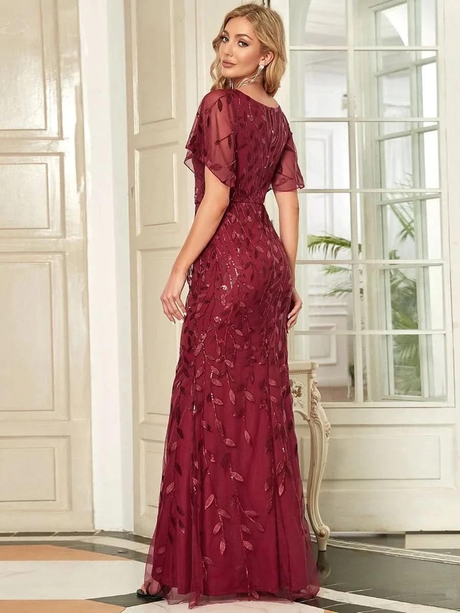 Color=Burgundy | Frauen V-Ausschnitt Funkelnde Stickerei Meerjungfrau Abend Partykleid 00692-Burgundy 2
