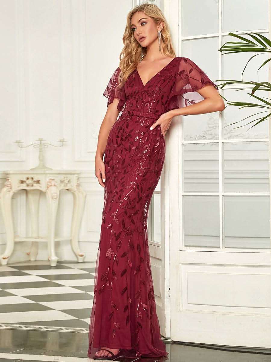 Color=Burgundy | Frauen V-Ausschnitt Funkelnde Stickerei Meerjungfrau Abend Partykleid 00692-Burgundy 3