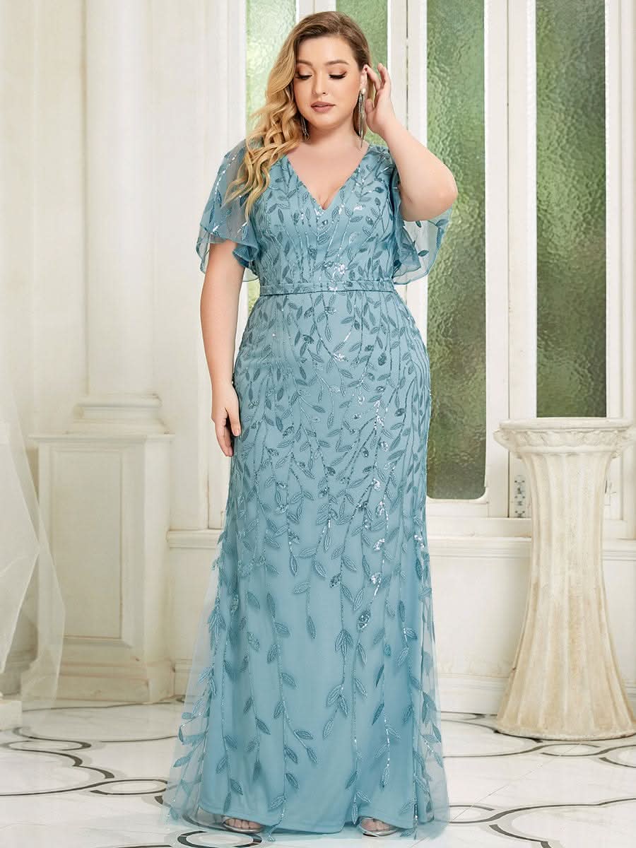 Color=Dusty Blau | Frauen V-Ausschnitt Funkelnde Stickerei Meerjungfrau Abend Partykleid 00692-Dusty Blau 7