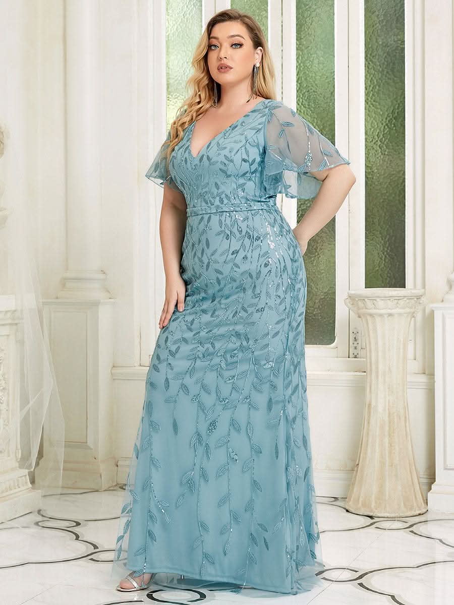 Color=Dusty Blau | Plus Size Frauen V-Ausschnitt Funkelnde Stickerei Meerjungfrau Abend Partykleid 00692-Dusty Blau 3 Color=Dusty Blau | Plus Size Frauen V-Ausschnitt Funkelnde Stickerei Meerjungfrau Abend Partykleid 00692-Dusty Blau 3