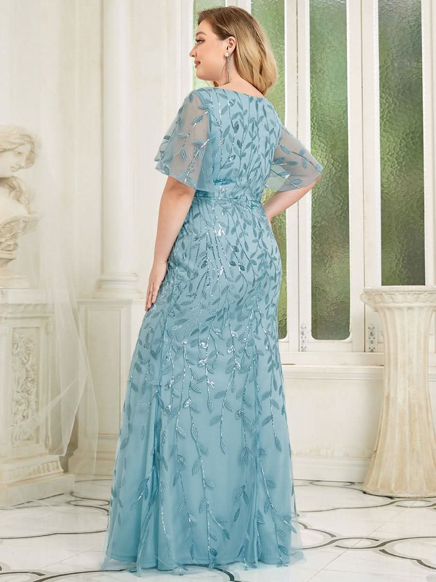 Color=Dusty Blau | Frauen V-Ausschnitt Funkelnde Stickerei Meerjungfrau Abend Partykleid 00692-Dusty Blau 8