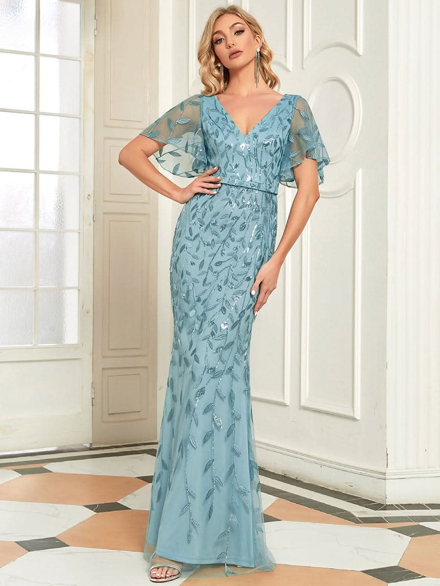 Color=Dusty Blau | Frauen V-Ausschnitt Funkelnde Stickerei Meerjungfrau Abend Partykleid 00692-Dusty Blau 1