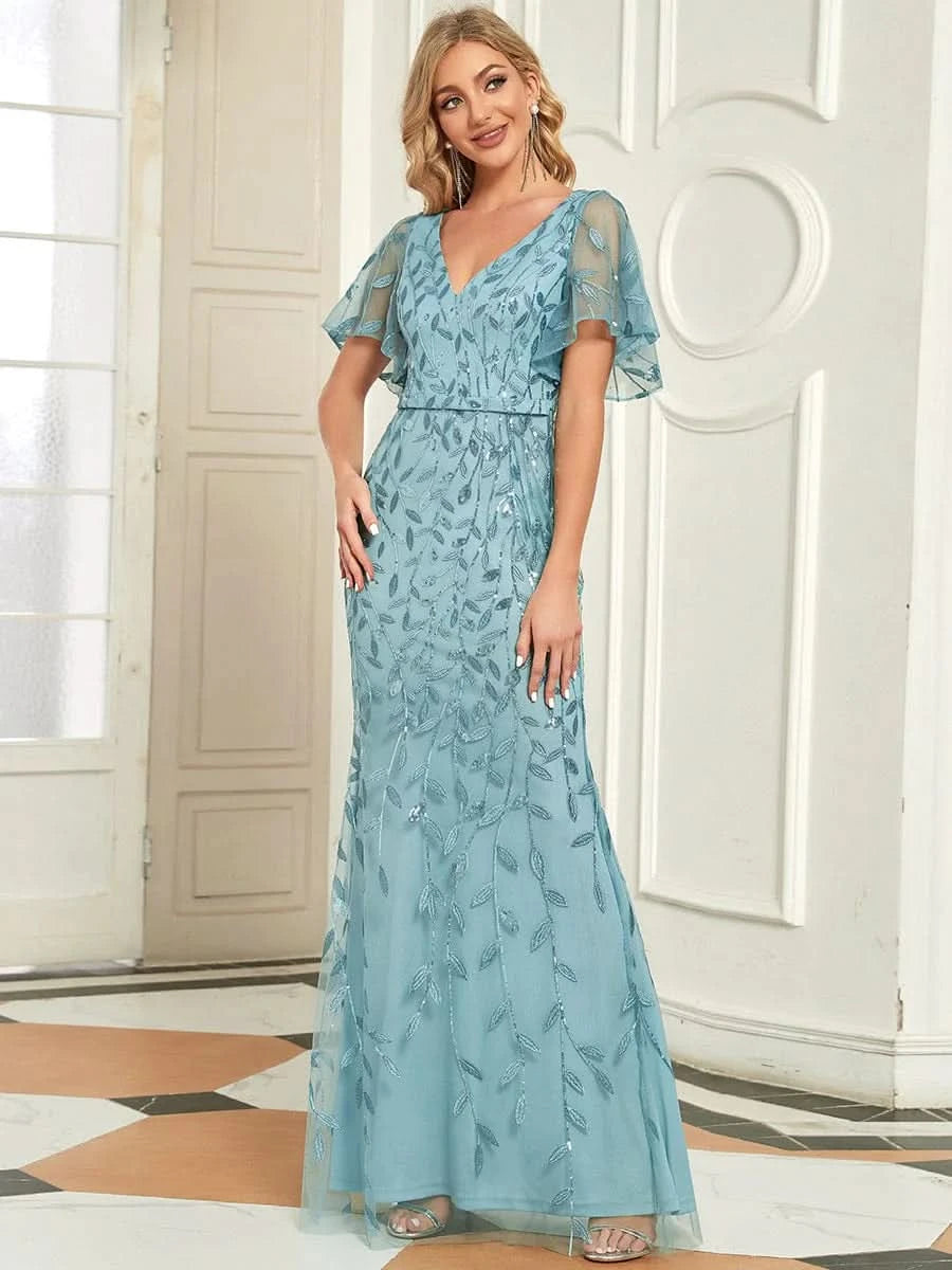 Color=Dusty Blau | Frauen V-Ausschnitt Funkelnde Stickerei Meerjungfrau Abend Partykleid 00692-Dusty Blau 3