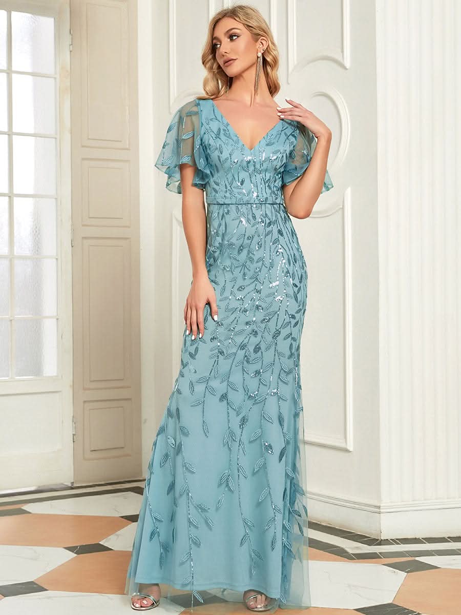 Color=Dusty Blau | Frauen V-Ausschnitt Funkelnde Stickerei Meerjungfrau Abend Partykleid 00692-Dusty Blau 4