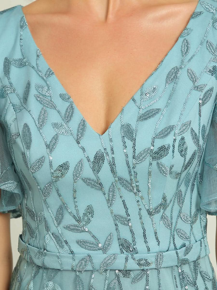 Color=Dusty Blau | Frauen V-Ausschnitt Funkelnde Stickerei Meerjungfrau Abend Partykleid 00692-Dusty Blau 5