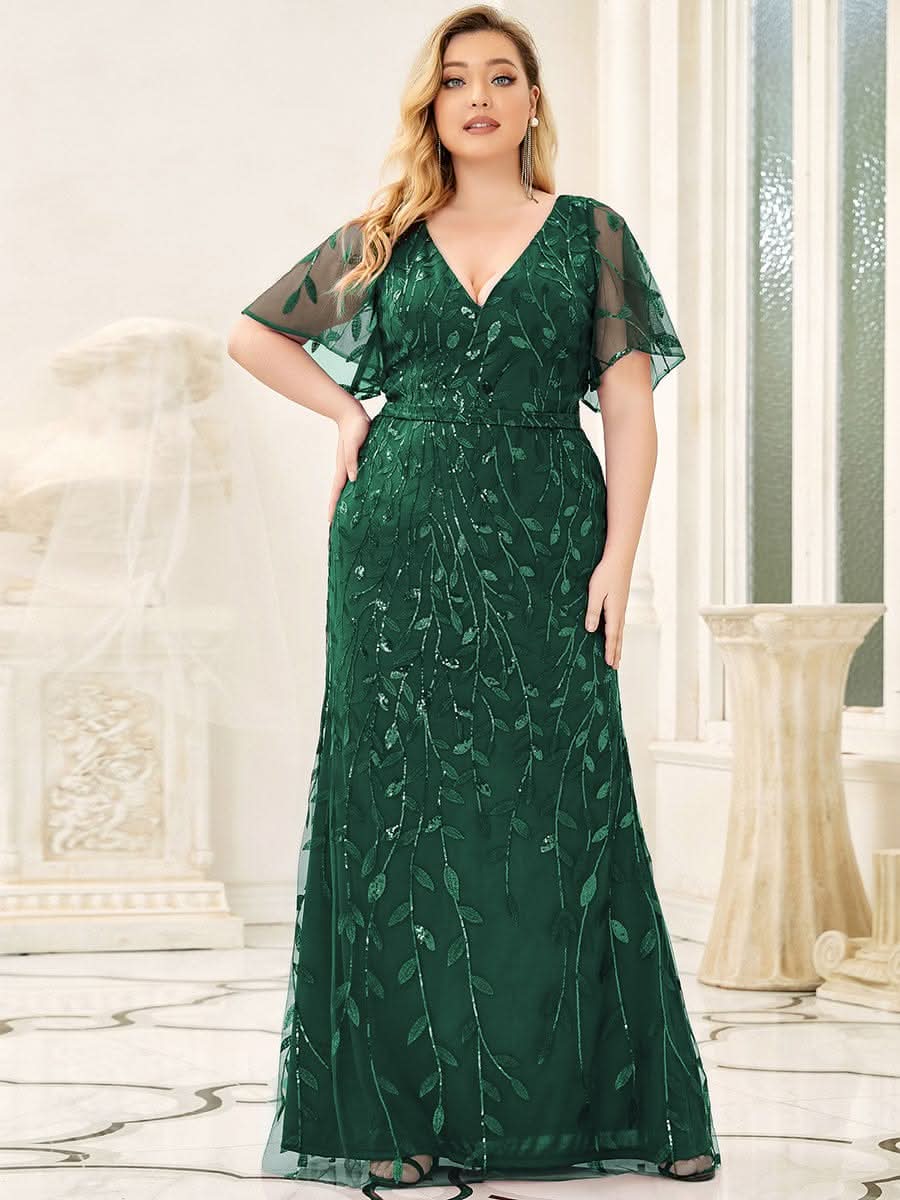 Color=Dark Green | Frauen V-Ausschnitt Funkelnde Stickerei Meerjungfrau Abend Partykleid 00692-Dark Green 6