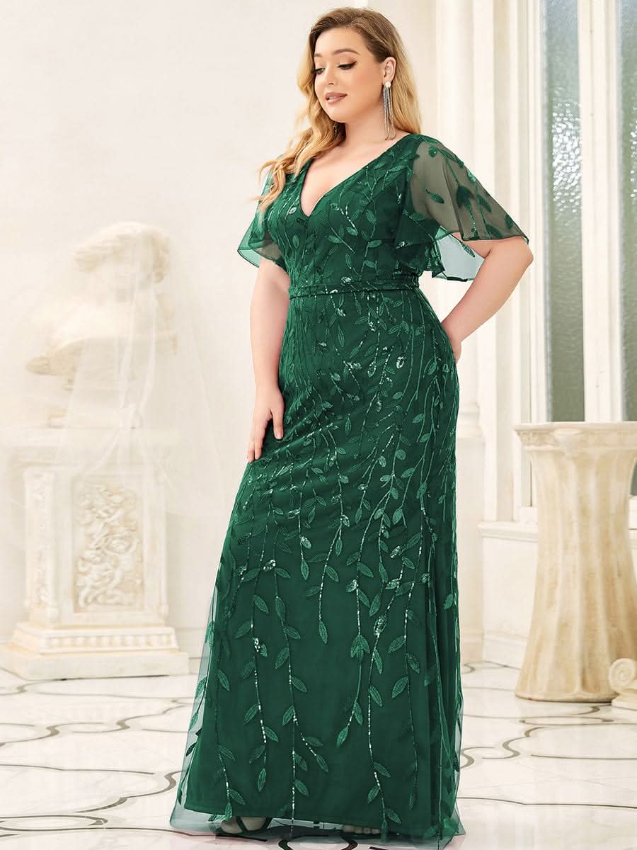 Color=Dark Green | Plus Size Frauen V-Ausschnitt Funkelnde Stickerei Meerjungfrau Abend Partykleid 00692-Dark Green 3 Color=Dark Green | Plus Size Frauen V-Ausschnitt Funkelnde Stickerei Meerjungfrau Abend Partykleid 00692-Dark Green 3