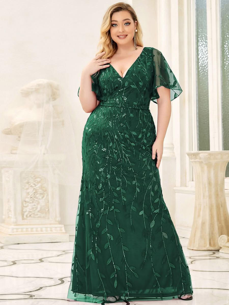 Color=Dark Green | Plus Size Frauen V-Ausschnitt Funkelnde Stickerei Meerjungfrau Abend Partykleid 00692-Dark Green 4 Color=Dark Green | Plus Size Frauen V-Ausschnitt Funkelnde Stickerei Meerjungfrau Abend Partykleid 00692-Dark Green 4