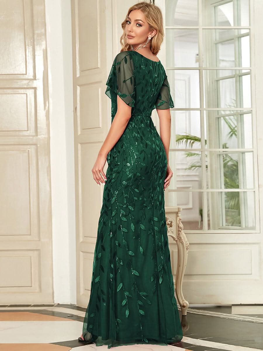 Color=Dark Green | Frauen V-Ausschnitt Funkelnde Stickerei Meerjungfrau Abend Partykleid 00692-Dark Green 2