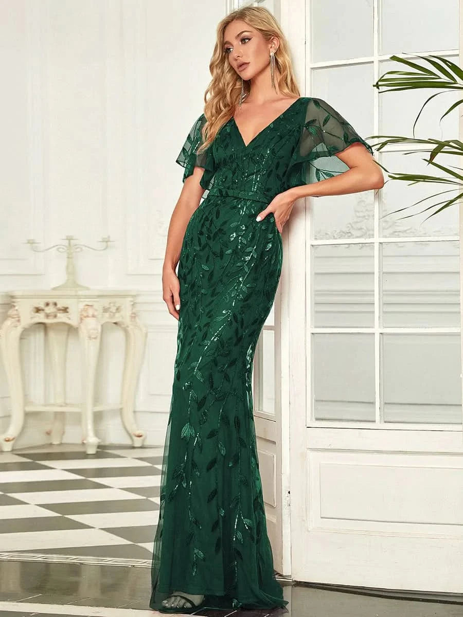 Color=Dark Green | Frauen V-Ausschnitt Funkelnde Stickerei Meerjungfrau Abend Partykleid 00692-Dark Green 3