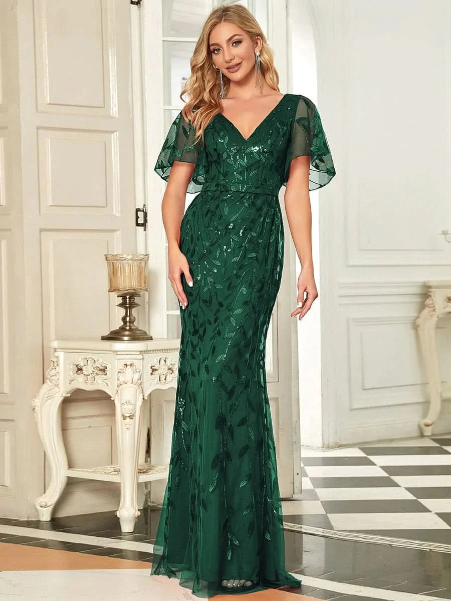 Color=Dark Green | Frauen V-Ausschnitt Funkelnde Stickerei Meerjungfrau Abend Partykleid 00692-Dark Green 1