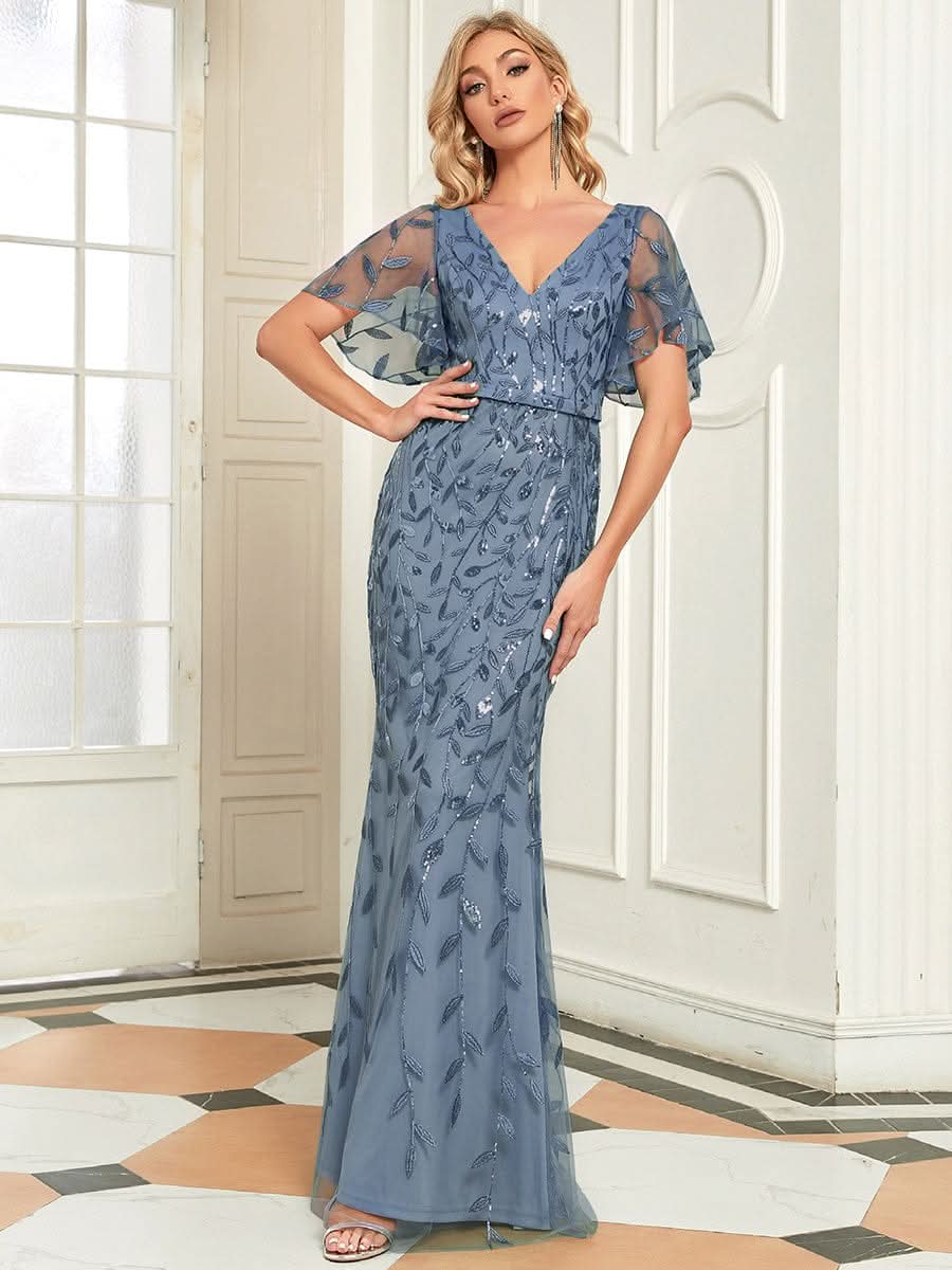 Color=Dusty Navy | Frauen V-Ausschnitt Funkelnde Stickerei Meerjungfrau Abend Partykleid 00692-Dusty Navy 8