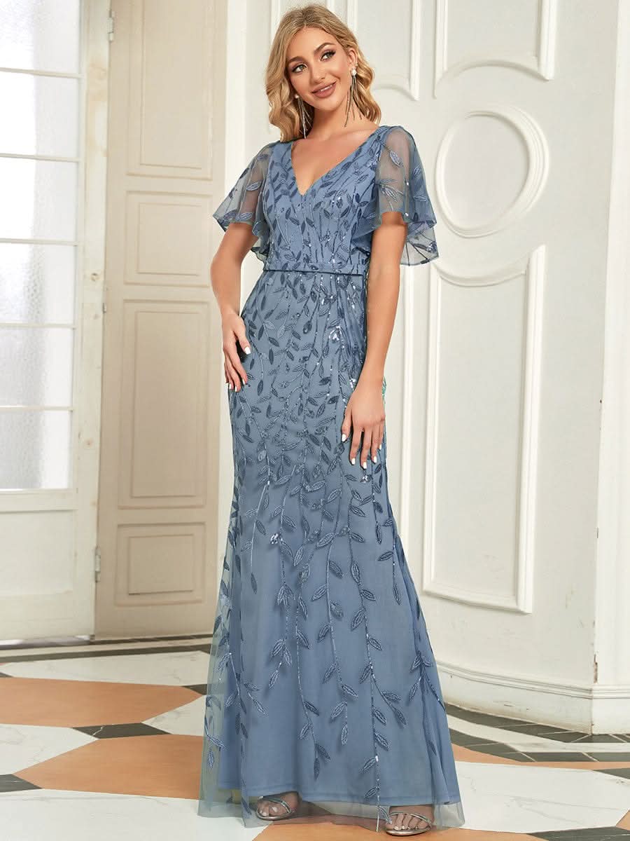 Color=Dusty Navy | Frauen V-Ausschnitt Funkelnde Stickerei Meerjungfrau Abend Partykleid 00692-Dusty Navy 10