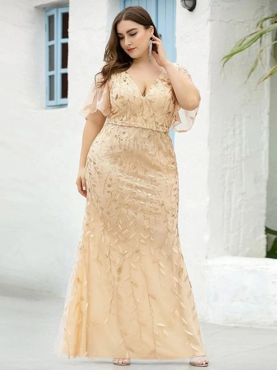 Color=Gold | Frauen V-Ausschnitt Funkelnde Stickerei Meerjungfrau Abend Partykleid 00692-Gold 8