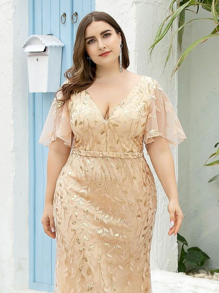 Color=Gold | Frauen V-Ausschnitt Funkelnde Stickerei Meerjungfrau Abend Partykleid 00692-Gold 10