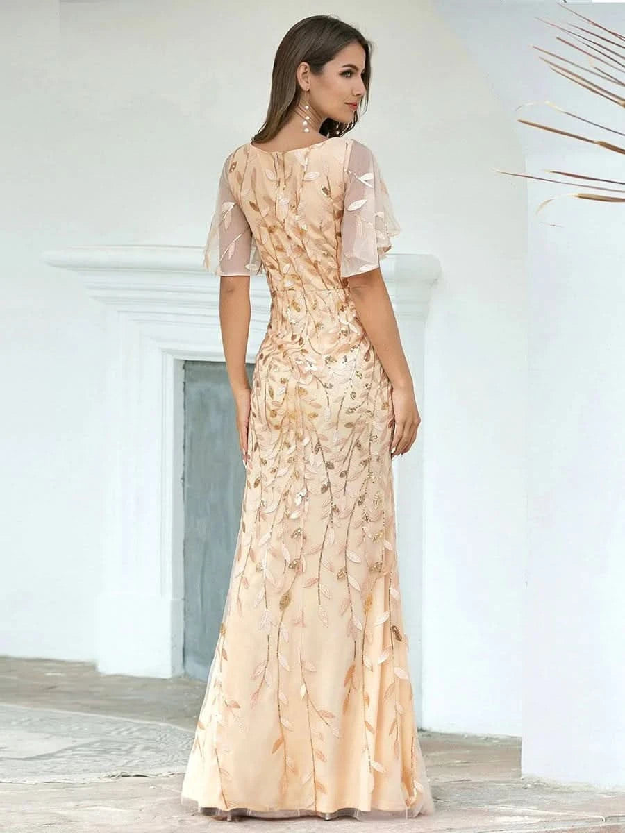 Color=Gold | Frauen V-Ausschnitt Funkelnde Stickerei Meerjungfrau Abend Partykleid 00692-Gold 2