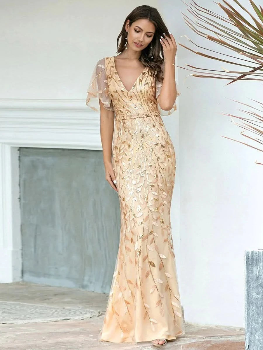 Color=Gold | Frauen V-Ausschnitt Funkelnde Stickerei Meerjungfrau Abend Partykleid 00692-Gold 4