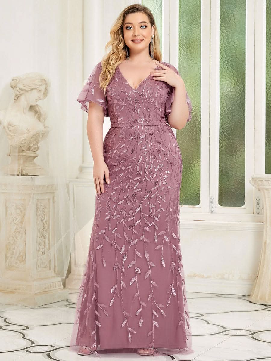 Color=Orchid | Frauen V-Ausschnitt Funkelnde Stickerei Meerjungfrau Abend Partykleid 00692-Orchid 6