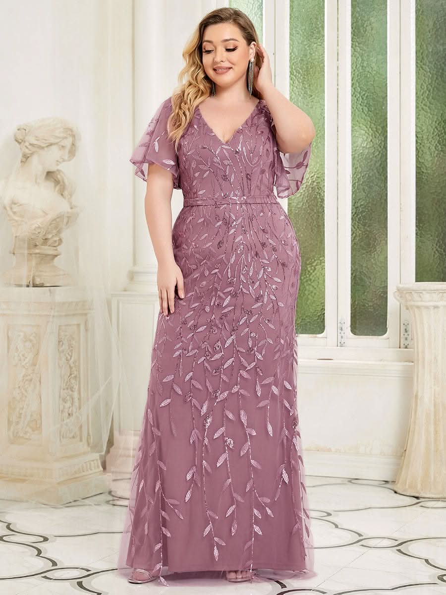 Color=Orchid | Plus Size Frauen V-Ausschnitt Funkelnde Stickerei Meerjungfrau Abend Partykleid 00692-Orchid 3 Color=Orchid | Plus Size Frauen V-Ausschnitt Funkelnde Stickerei Meerjungfrau Abend Partykleid 00692-Orchid 3