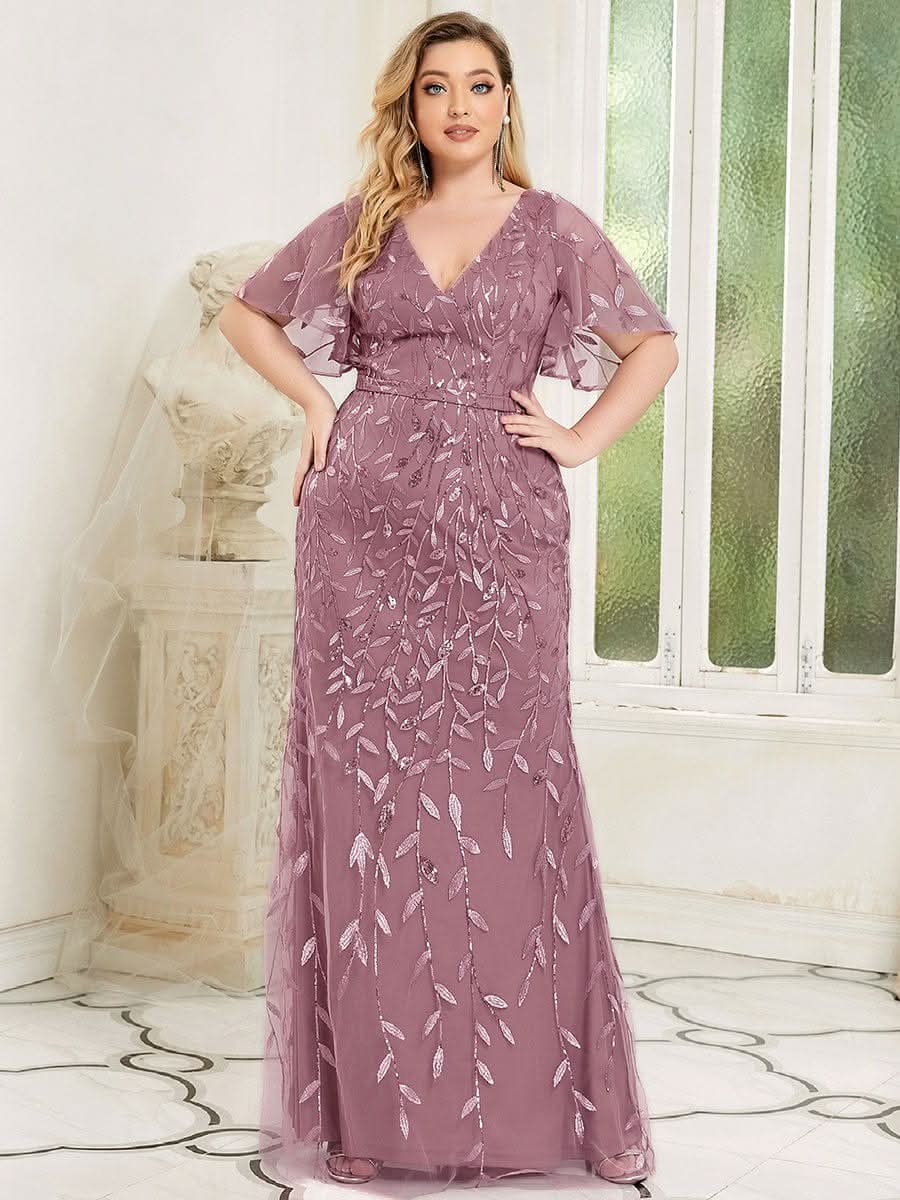 Color=Orchid | Plus Size Frauen V-Ausschnitt Funkelnde Stickerei Meerjungfrau Abend Partykleid 00692-Orchid 4 Color=Orchid | Plus Size Frauen V-Ausschnitt Funkelnde Stickerei Meerjungfrau Abend Partykleid 00692-Orchid 4