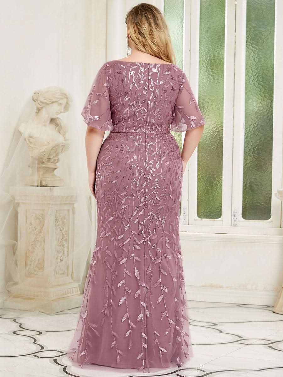 Color=Orchid | Frauen V-Ausschnitt Funkelnde Stickerei Meerjungfrau Abend Partykleid 00692-Orchid 7