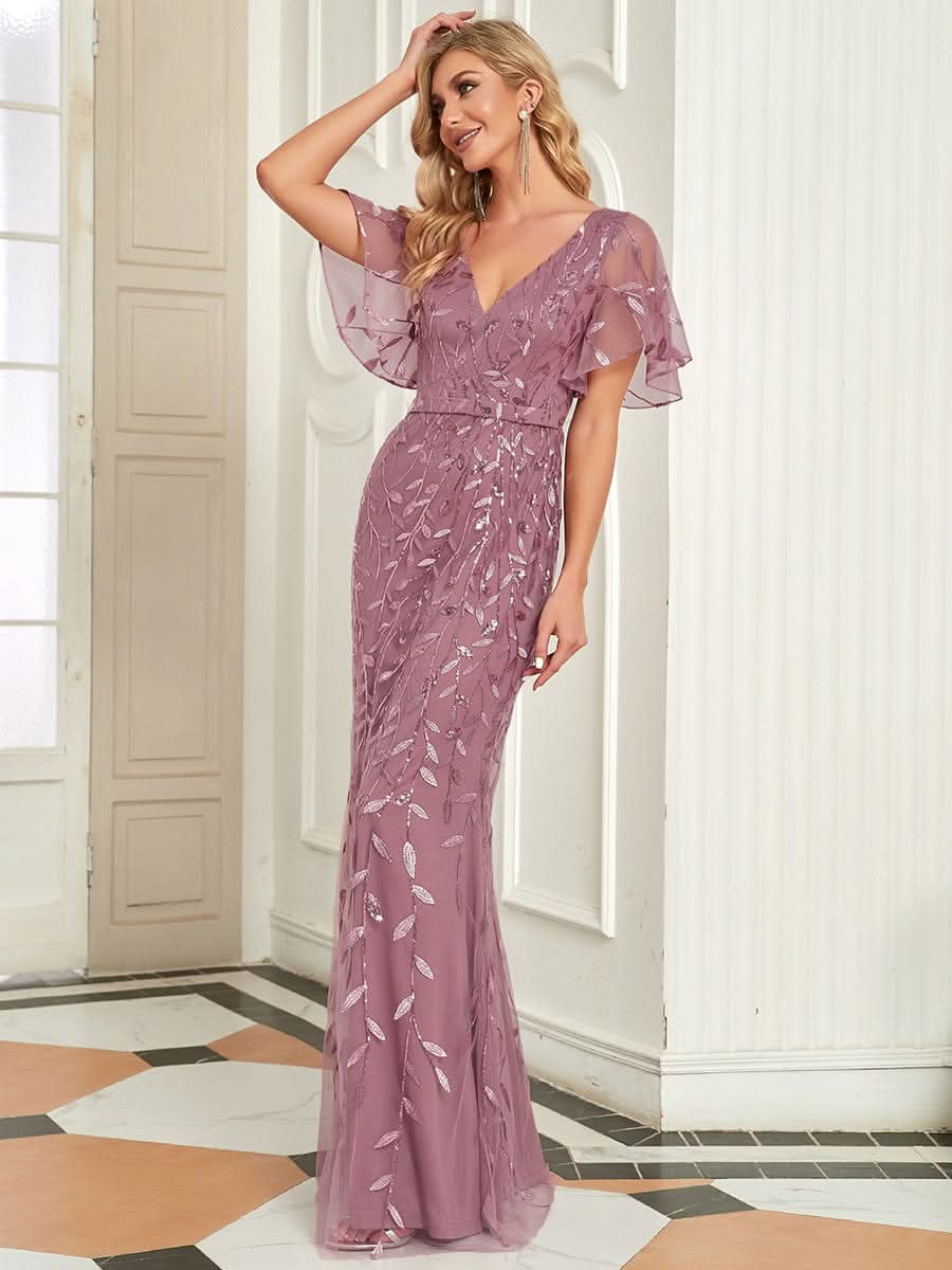 Color=Orchid | Frauen V-Ausschnitt Funkelnde Stickerei Meerjungfrau Abend Partykleid 00692-Orchid 3