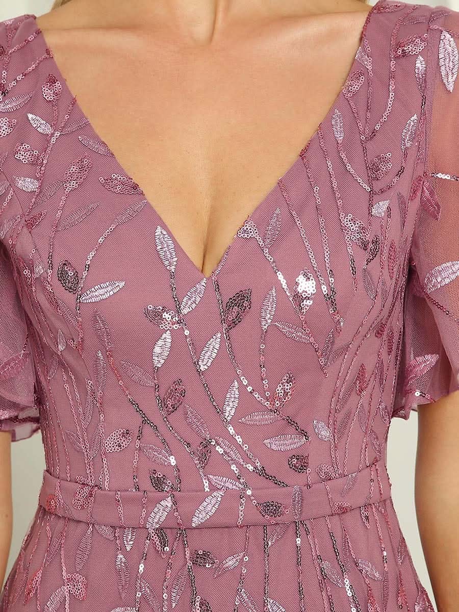 Color=Orchid | Frauen V-Ausschnitt Funkelnde Stickerei Meerjungfrau Abend Partykleid 00692-Orchid 5