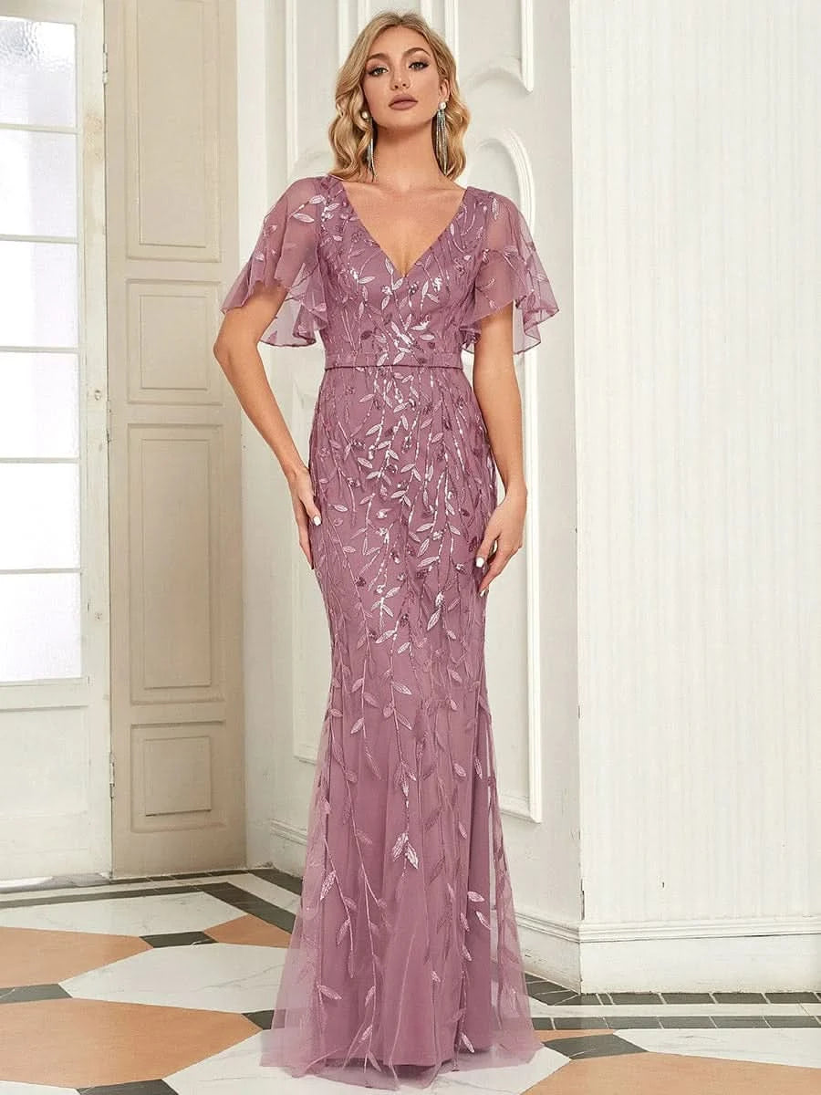 Color=Orchid | Frauen V-Ausschnitt Funkelnde Stickerei Meerjungfrau Abend Partykleid 00692-Orchid 1