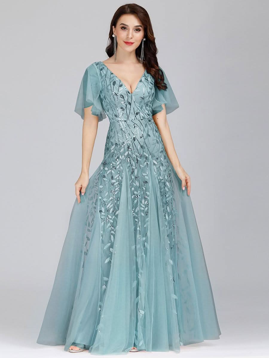 Robe D'invité De Mariage En Mousseline De Soie Mi-Longue Plissée à Manches à Volants Et Col En V  #farbe_Dusty Blau
