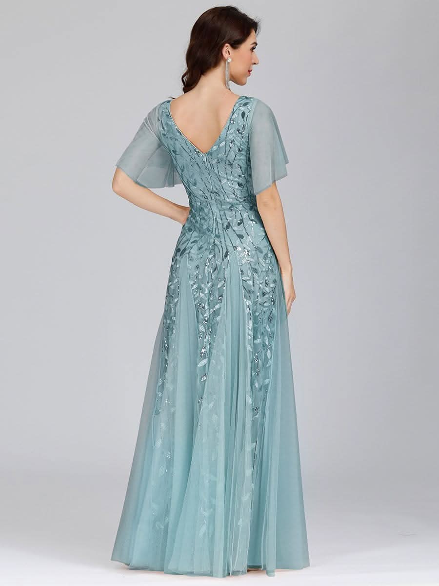 Robe D'invité De Mariage En Mousseline De Soie Mi-Longue Plissée à Manches à Volants Et Col En V  #farbe_Dusty Blau