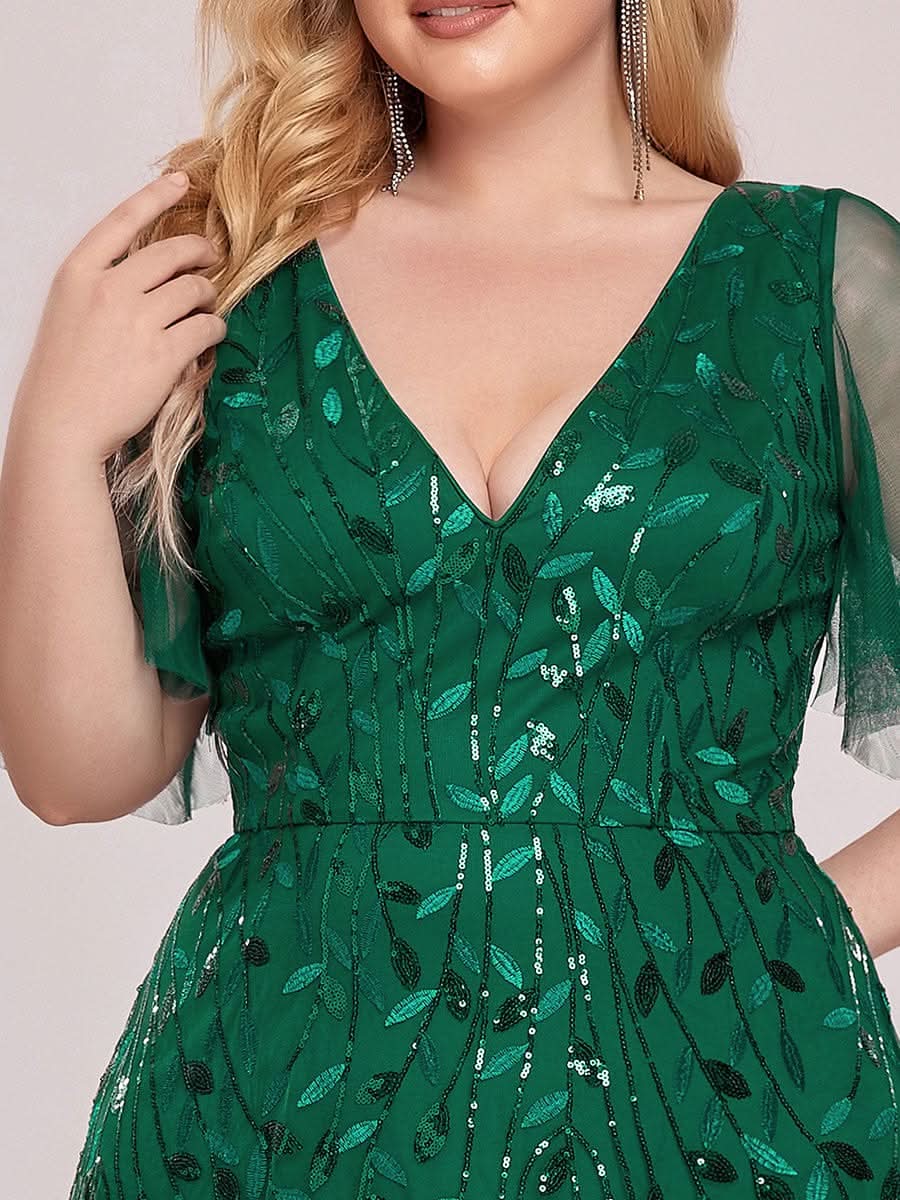 Color=Dark Green | Plus Size Romantisch Schimmernde Rueschenaermel V-Ausschnitt Lange Abendkleider-Dark Green 5