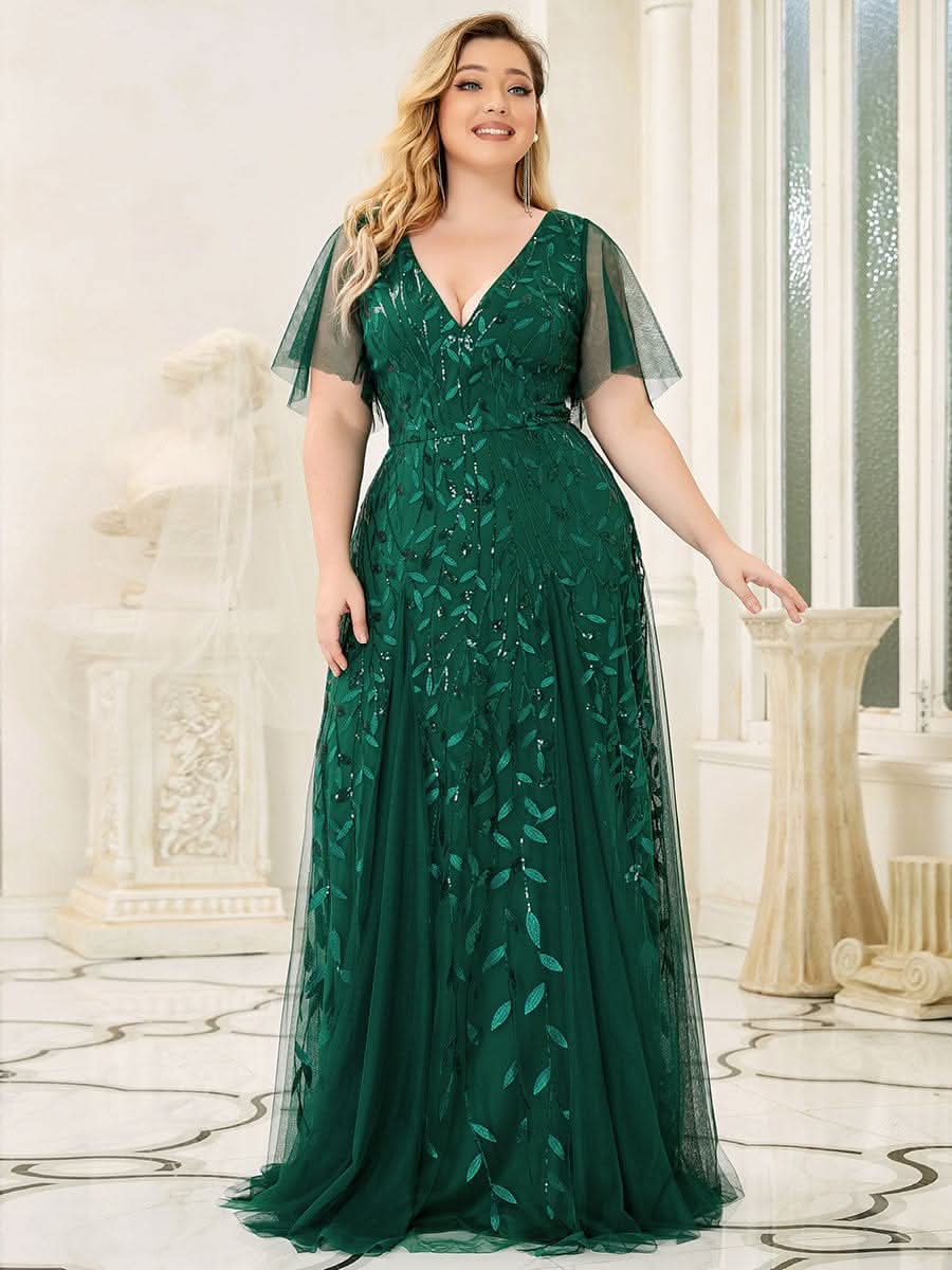 Color=Dark Green | Plus Size Romantisch Schimmernde Rueschenaermel V-Ausschnitt Lange Abendkleider-Dark Green 4